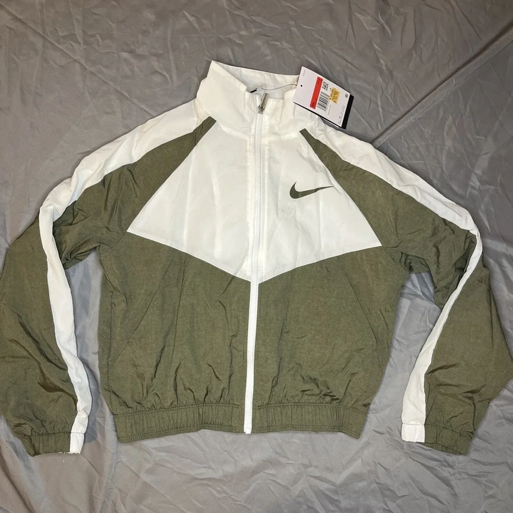 Nike Kids L‎ Sportswear Woven Zip Up Jacket Green And White Oversized Fit FB1267